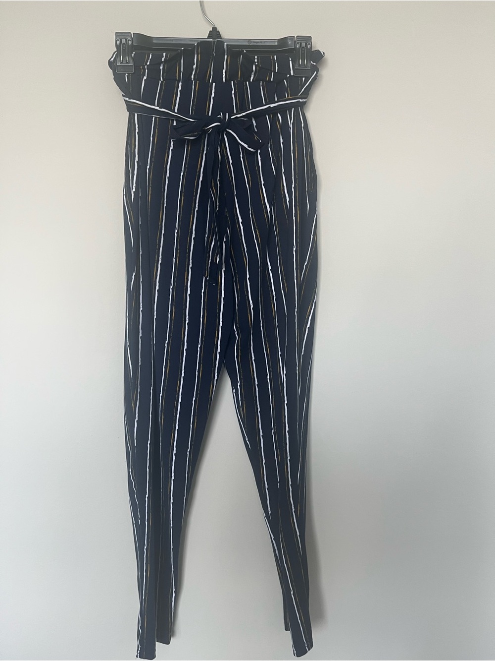 Women’s Navy Striped Paperbag Waist Skinny Pants